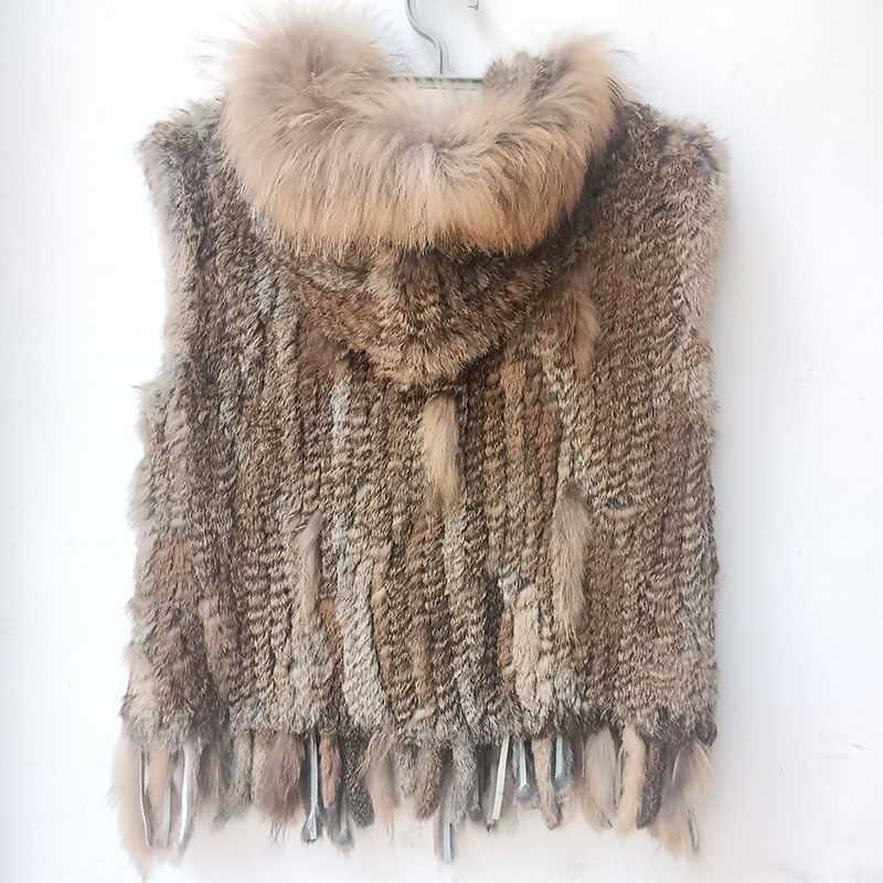 Mulheres com capuz de malha colete de pele de coelho real com gola de pele de guaxinim real moda sem mangas genuíno pele de coelho gilet outwear