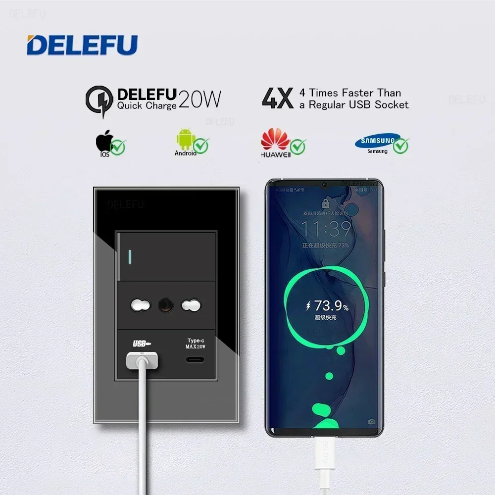 DELEFU Черное закаленное стекло Италия USB TypeC Настенная розетка для быстрой зарядки Schuko Tuya Wi-Fi Smart Switch Sat TV Tel Doorbell Чили