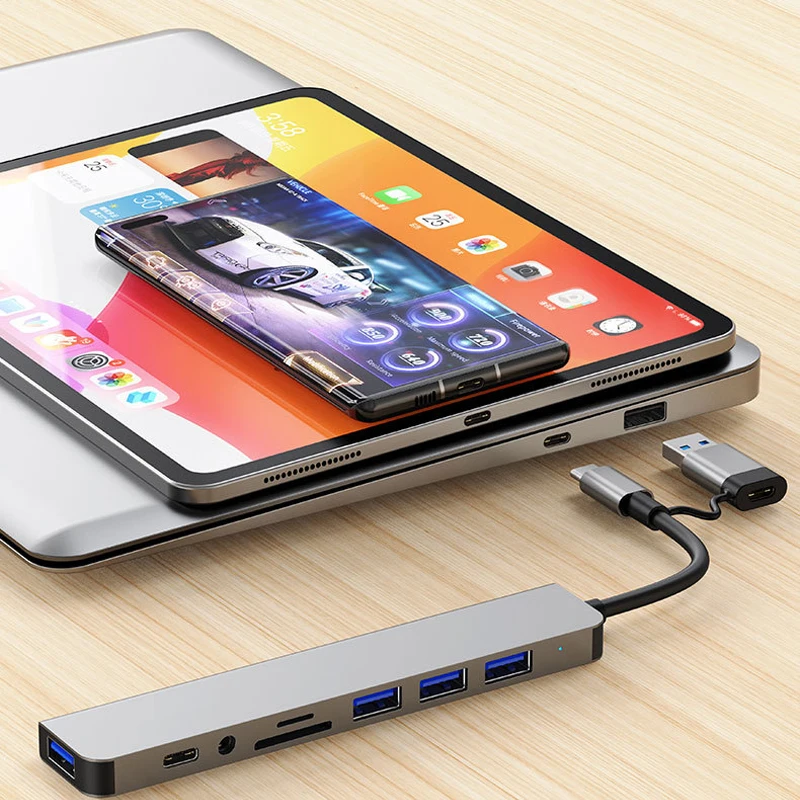 Estación de acoplamiento 8 en 2 USB + tipo C HUB con adaptador de conector de Audio de 3,5mm lector de tarjetas Micro SD portátil tableta teléfono convertidor de disco