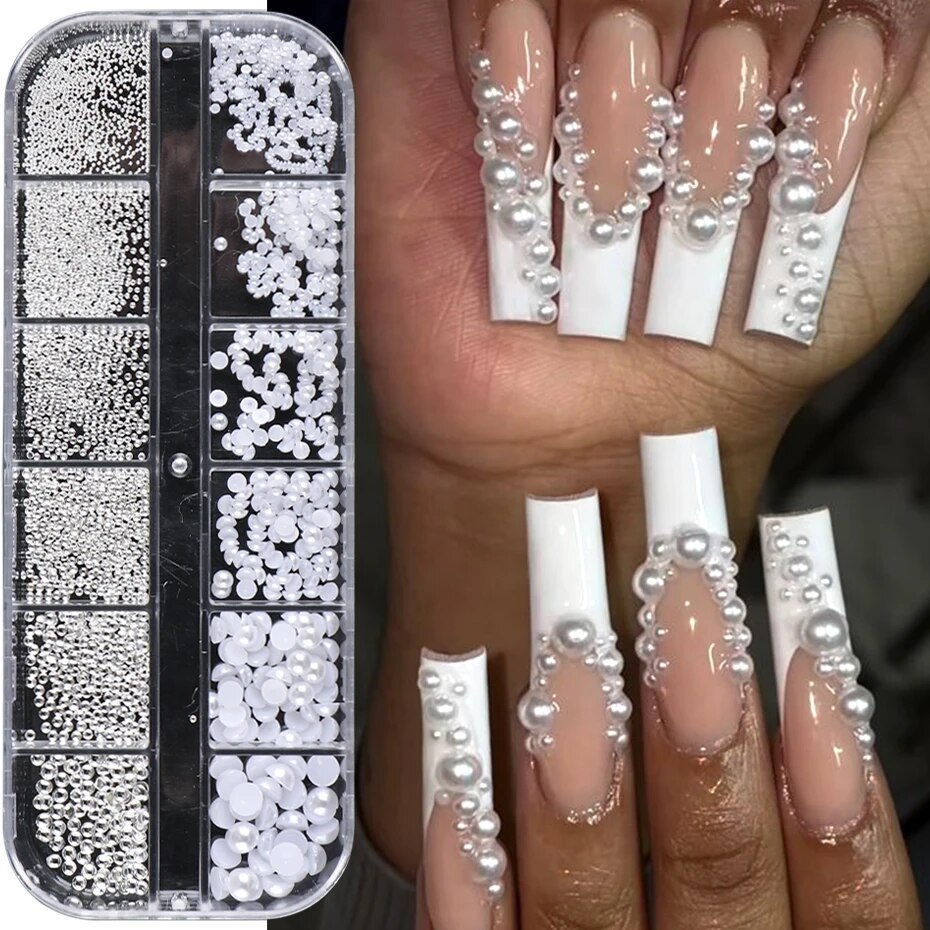 1 ボックス白真珠爪キャビアビーズミックスサイズネイルアートチャーム装飾半形デザイン 3D ジュエリーマニキュアアクセサリー