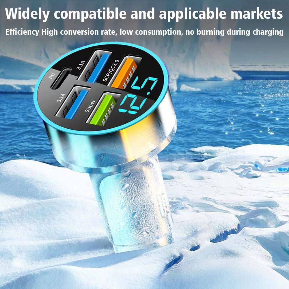 250W Car Charger 5 Ports LED Digital Display USB PD Type C Fast Charging Car Phone Charger Adapter For IPhone 15