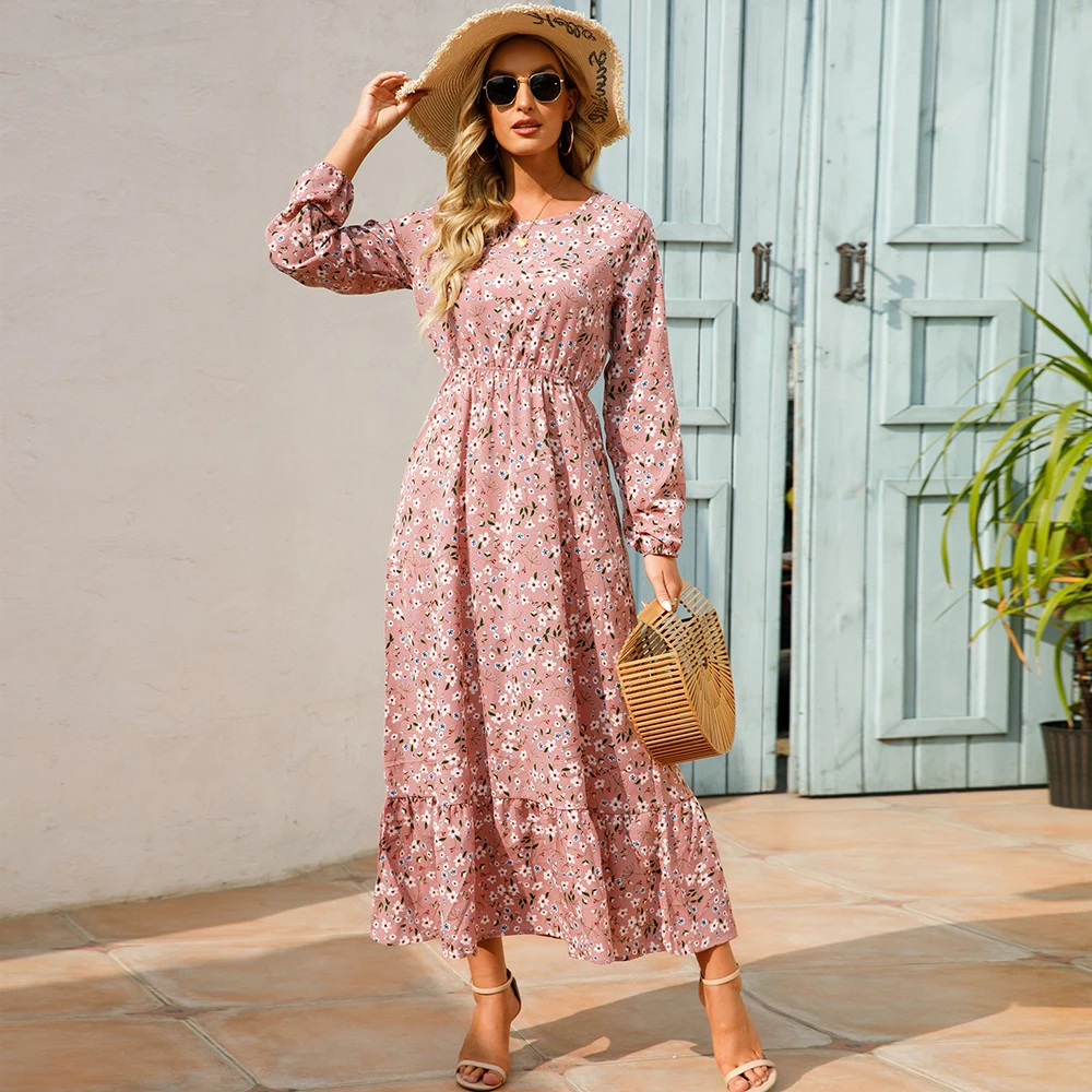 2023 sping verão boêmio feminino maxi vestido casual manga longa cintura alta praia mulher vestidos de chiffon floral mujer novo