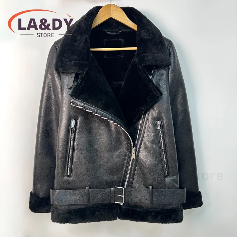 Chaqueta de cuero gruesa y cálida para mujer, abrigos informales holgados con cuello vuelto y manga larga, alta calidad, novedad de invierno de 2024