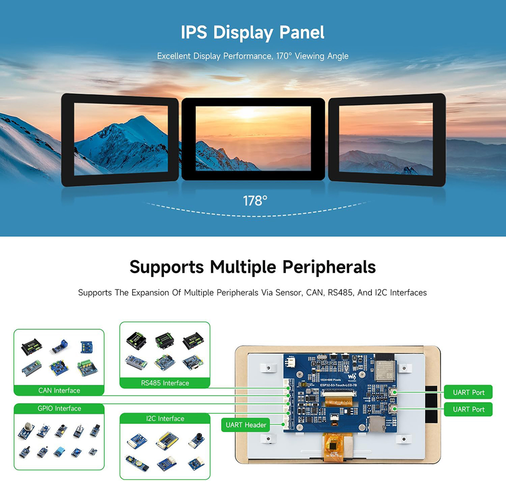 Waveshare ESP32-S3 7,0 pulgadas 1024x600 Placa de desarrollo LCD ESP32 pantalla táctil LVGL GUI para Arduino IDE ESP-IDF PlatformIO