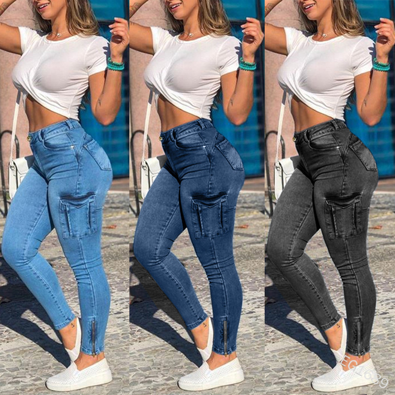 女性ジーンズシースペンシルパンツポケットカーゴデニムユーズド加工ハイウエスト洗濯スリムフィットジッパーフライ足首丈固体