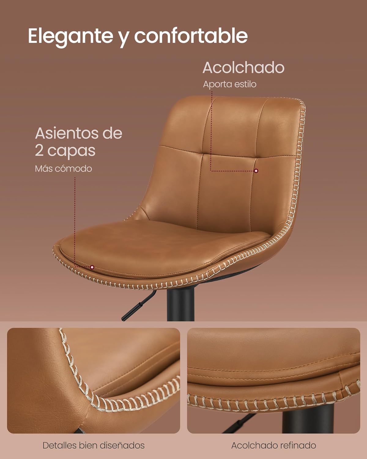 Juego de 2 Taburetes de Bar, Sillas Altas Giratorias Regulables en Altura, Acolchado PU, Sillas de Cocina con Respaldo