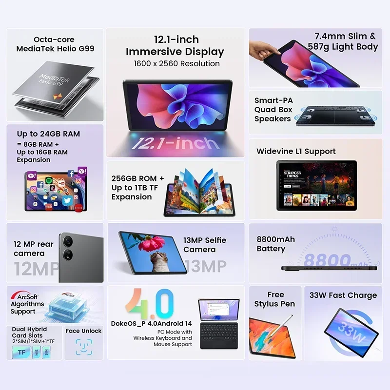 Blackview Oscal ELITE 1 tableta 12,1 pulgadas 2,5 K pantalla MTK Helio G99 Widevine L1 8800mAh batería 33W carga rápida Android Pad PC