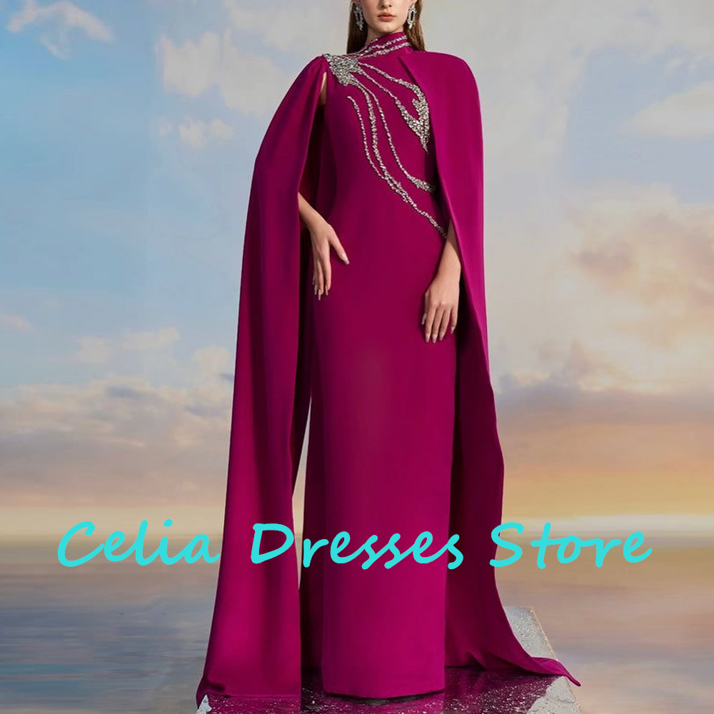 Customized Exquisite and High Quality Crystal Jersey Butterfly Sleeves Evening Dress High Collar Watteau Train Long Sleeves Gown
