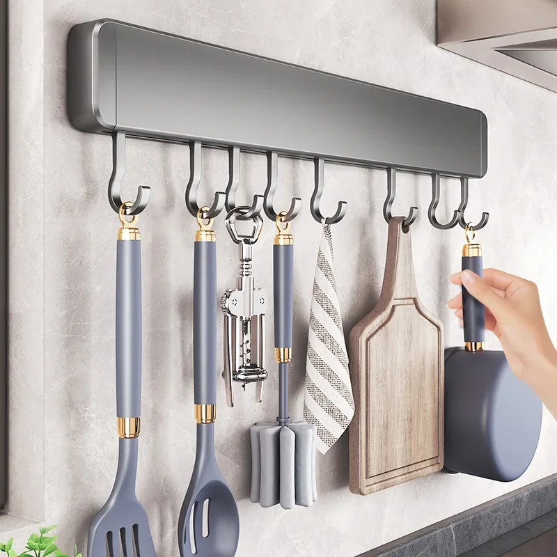 เครื่องครัว Hooks Rack Organizer ชั้นวางของติดผนังช้อนผู้ถือเครื่องครัวอุปกรณ์เสริม