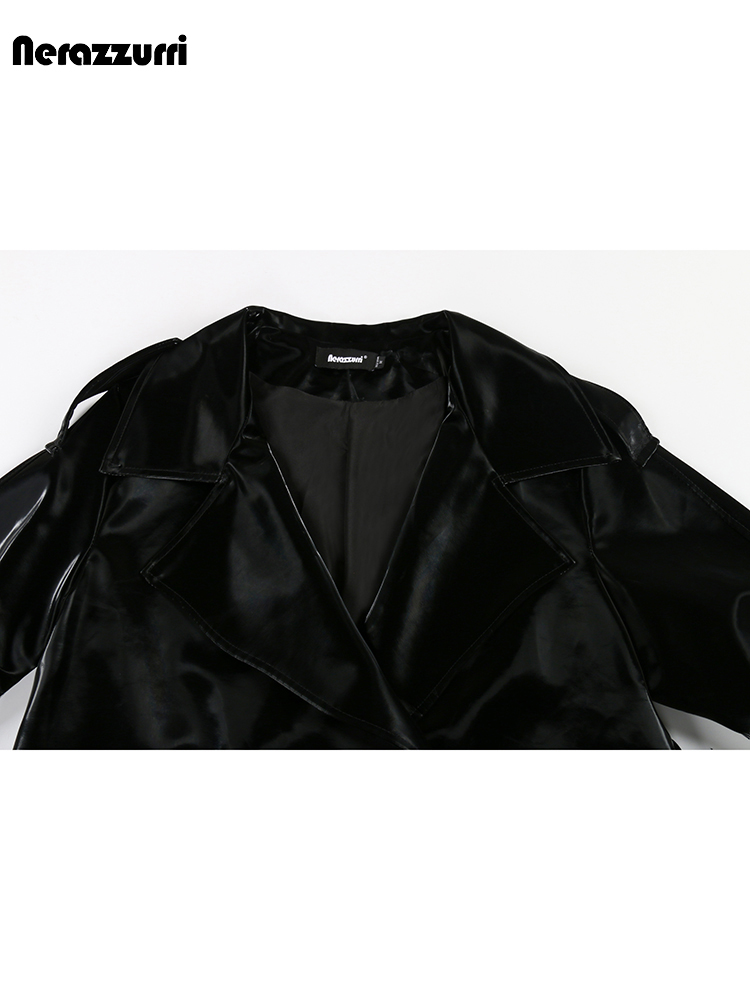 Nerazzurri ฤดูใบไม้ร่วงยาว Cool สีดําเงา Glitter สิทธิบัตรหนัง Faux Trench Coat สําหรับผู้หญิง Sashes Double Breasted ยุโรปแฟชั่น