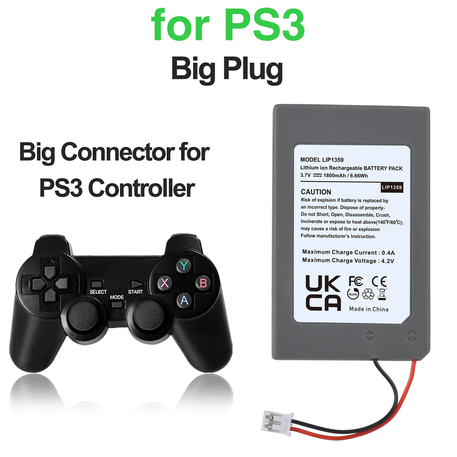 PS3 Controller Battery,1800mAh LIP1359 Replacement Battery for Sony Playstation 3 Dualshock 3 CECHZC2E CECHZC2U Controller&USB