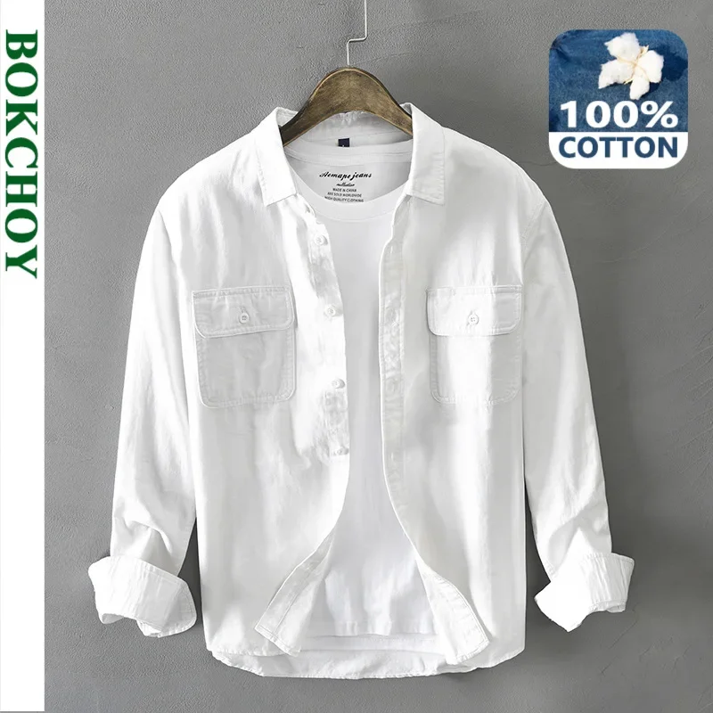 MÙA THU ĐÔNG Mới Nam Mới Nam Trắng Dài Tay Cotton Nguyên Chất Phong Cách Retro Nút Lên Túi Trắng Quần Áo Bảo Hộ Lao Động GA-Z102