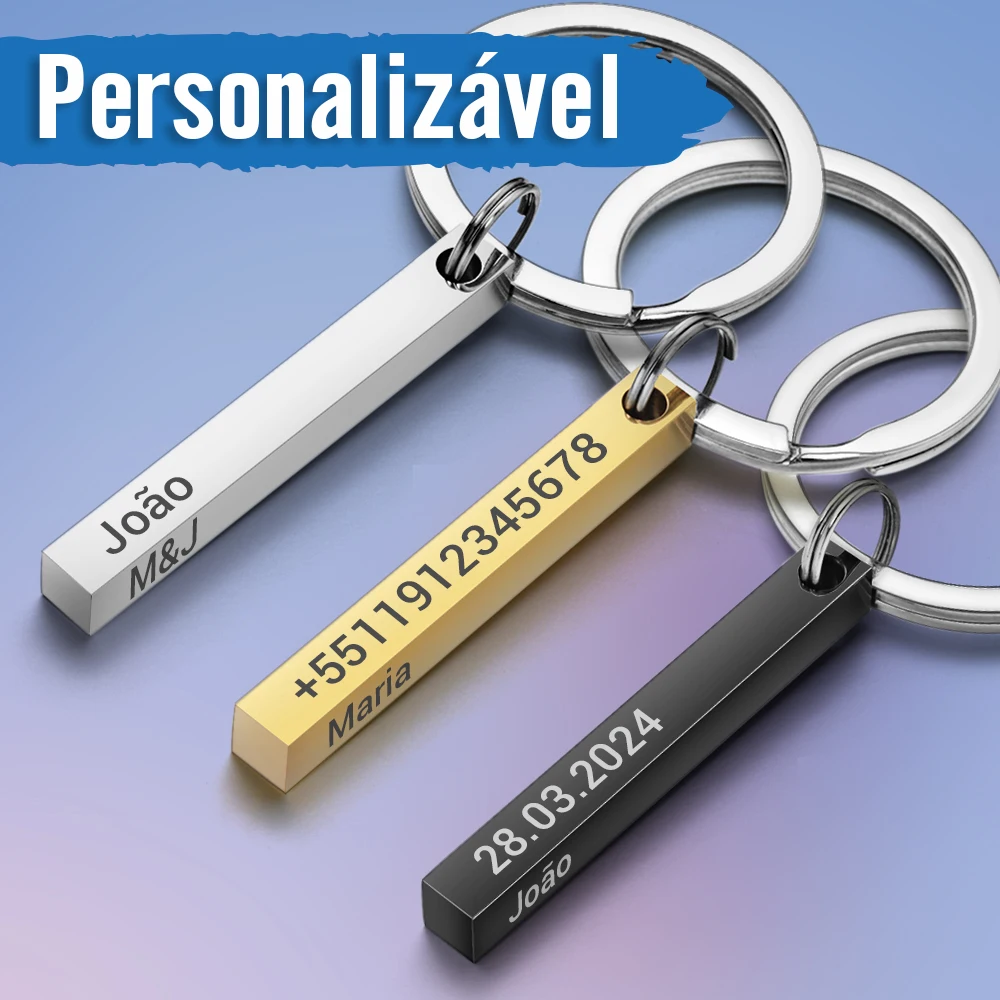 Barra 3d de aço inoxidável personalizar chaveiros gravar texto nome data logotipo chaveiros personalizado chaveiro anéis presente natal p039