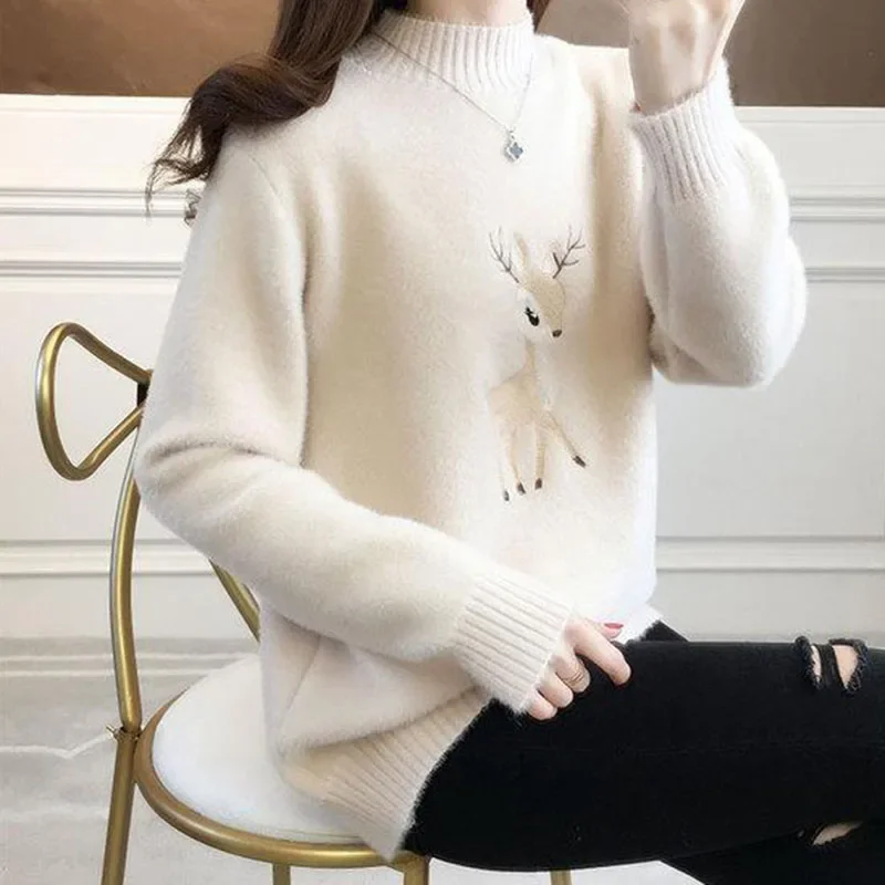 Baby Stickerei Deer Warme Pullover Frau 2023 Herbst Winter Halb Hohe Kragen Stricken Pullover Frauen Koreanische Lose Langarm Bluse