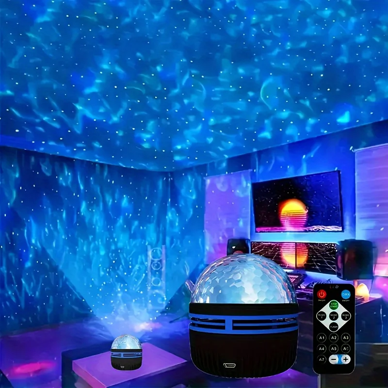 Proyector LED de cielo estrellado RGB, lámpara de proyección de ambiente, Navidad, Halloween, Control remoto, 7 colores, rotación automática para el hogar