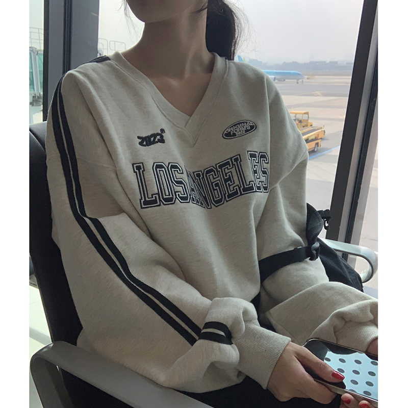 シックな冬甘いユニークな V ネックカラーブロックレタープリントデザインルーズ多用途長袖パーカー韓国スタイル通勤