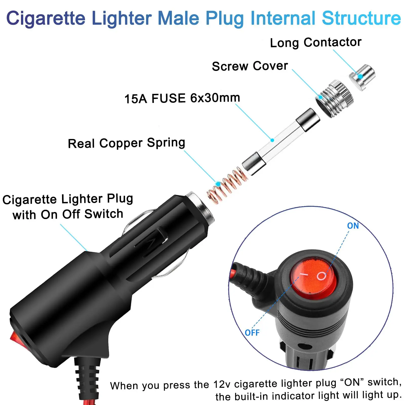 Draagbare 12V Aan Uit Schakelaar Knop voor autolader Verlengkabel Socket Cord Auto sigarettenaansteker plug kabel mannelijke connector