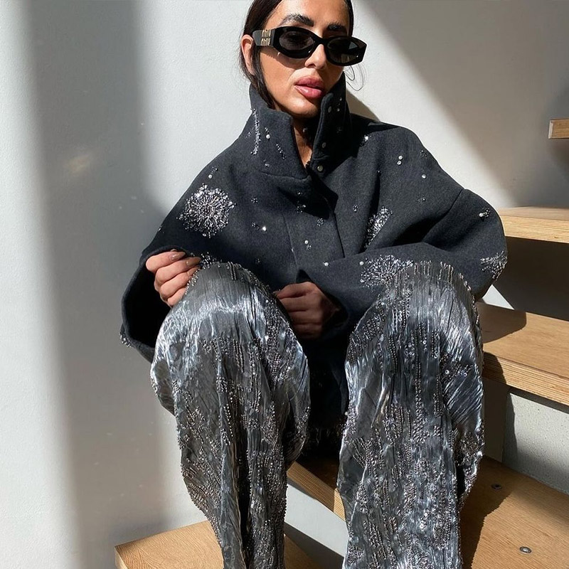 Kralen Luxe Chic Jas Vrouwen Losse Single Breasted Turn-down Kraag Pocket Wollen Uitloper 2024 Herfst Lange Mouw Jassen