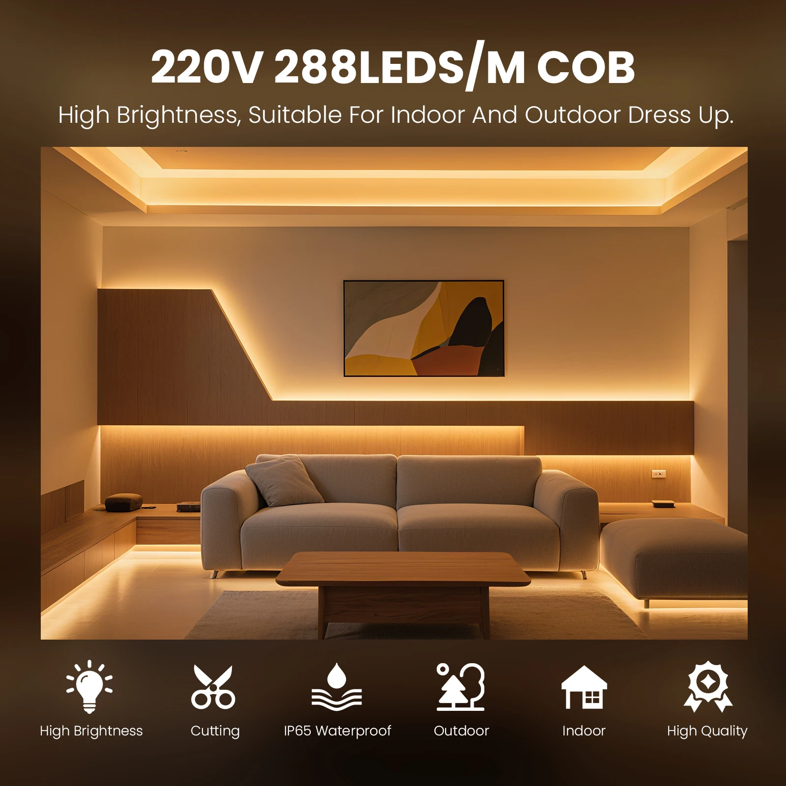 Faixa de luz led cob 220v com interruptor/plugue dimmer super brilhante 288leds/m ip65 3000k 4000k 6000k decoração interna e externa de alta qualidade