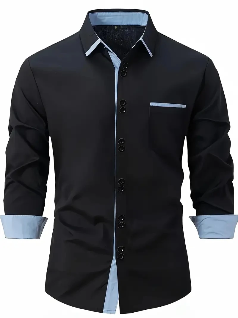 Camisa de algodón informal de negocios para hombre con bolsillo, solapa a juego, cómoda camiseta de manga larga para vacaciones