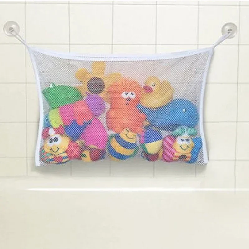 Convenient Baby Bath Toy Organizer with Strong Suction Cups, White Square Mesh Net Bag for Shower Products and Clothes Storage