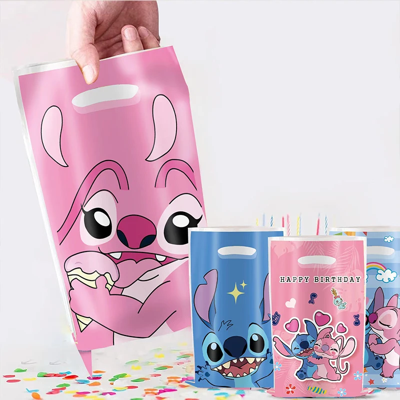 30pcs 블루 핑크 스티치 파티 선물 가방 핸들 릴로 & 스티치 테마 파티 호의 가방 베이비 샤워 아이 생일 파티 장식