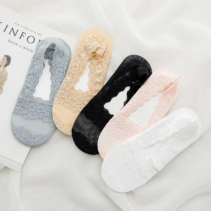 5 pares de calcetines invisibles de encaje para mujer, calcetines cortos invisibles hasta el tobillo, calcetines de barco de corte bajo blancos transparentes de algodón de verano