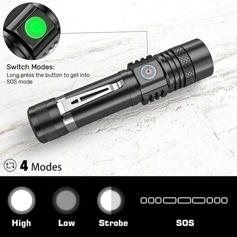Lanternas led de alta potência com zoom, tocha de acampamento com contas de lâmpada led t6, à prova d'água, 4 modos de iluminação, carregador usb multifuncional