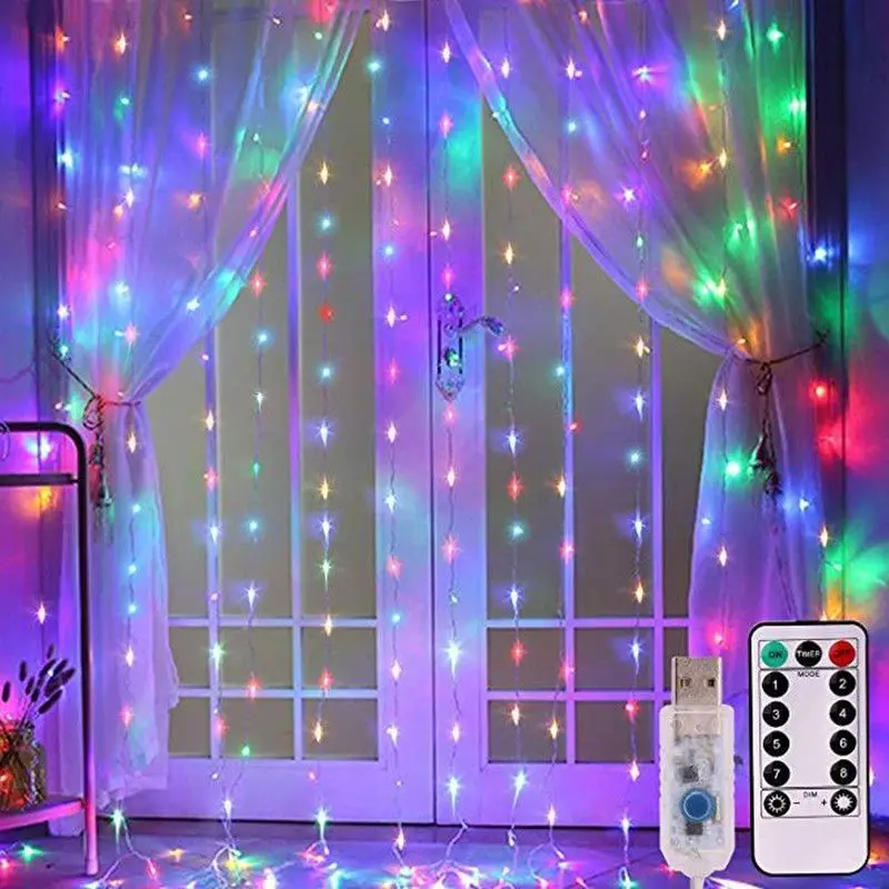 ตกแต่งบ้านคริสต์มาส USB 8 โหมด Fairy Garland ไฟ LED Curtain String ไฟพร้อมรีโมทคอนโทรลสําหรับห้องนอนงานแต่งงาน