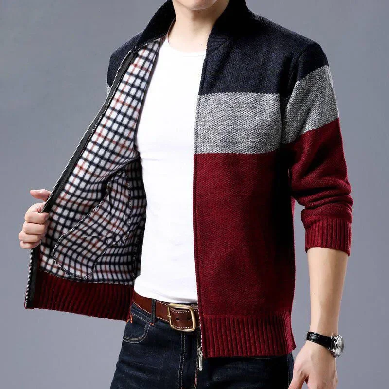 Männer Strickjacke Herbst Winter Warm Halten Verdicken Mode Stricken Pullover Mantel Nähte Colorblock Stehkragen Zipper Mäntel Jacken