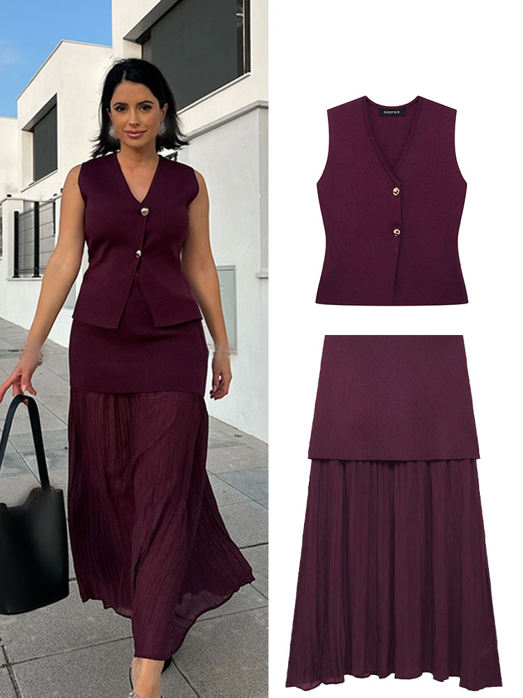 Damski komplet HH, 2-częściowy: dzianinowa kamizelka bez rękawów z dekoltem w serek zapinana na guziki + elegancka spódnica z wysokim stanem, zapinana na zamek, idealna na wakacje.