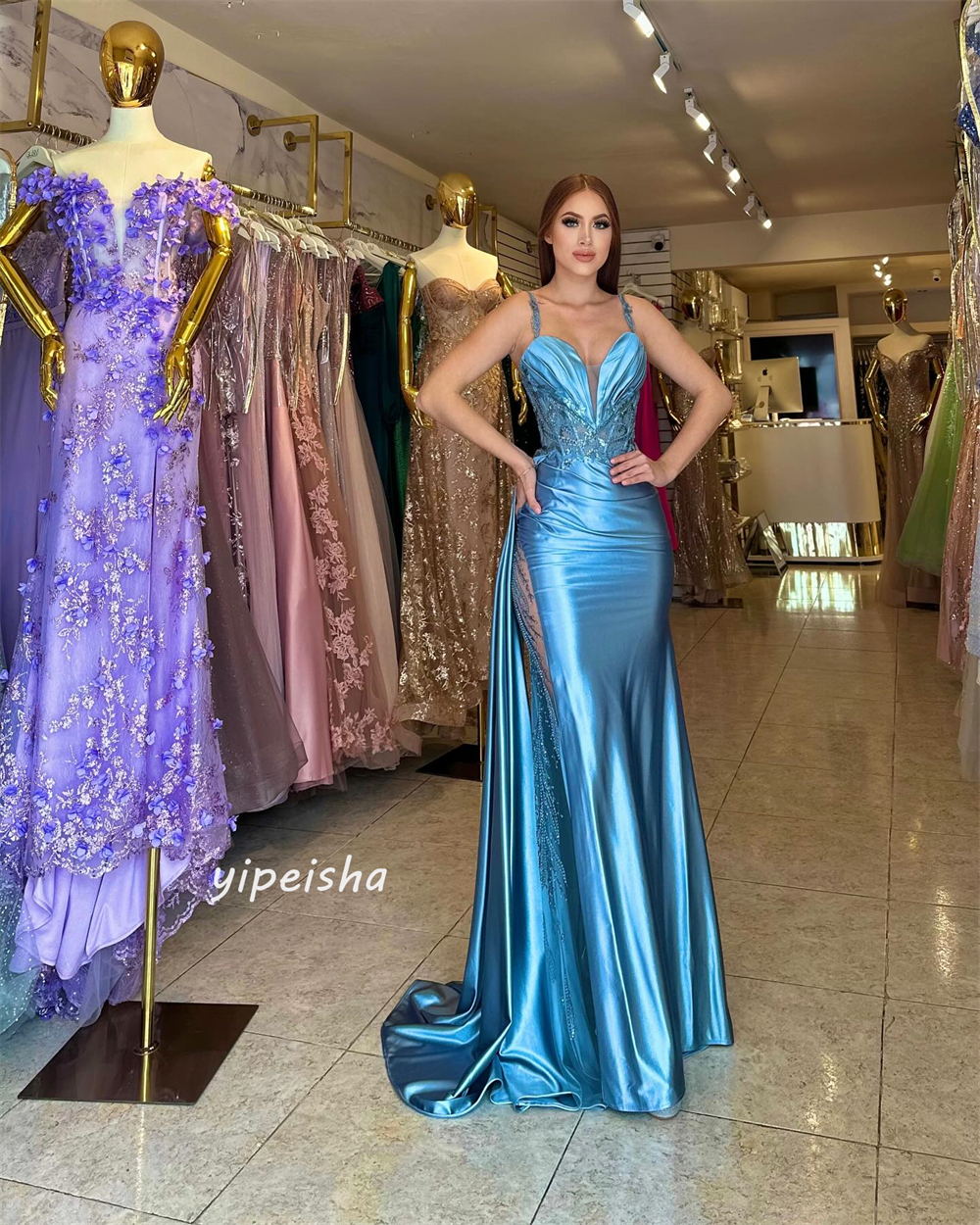 ที่กําหนดเอง Jersey Sequined Applique ประดับด้วยลูกปัด Draped Graduation A-Line Sweetheart Bespoke โอกาสชุดยาวชุด es