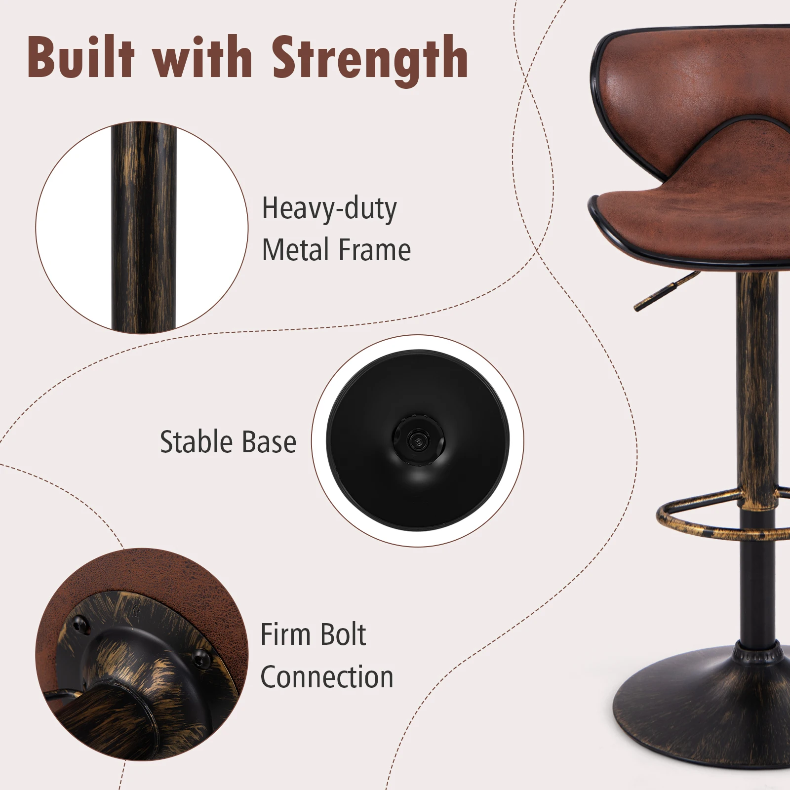 GOFLAME Height-adjustable Bar Stools Set of 2 Upholstered Bar Chair w/ Backrest