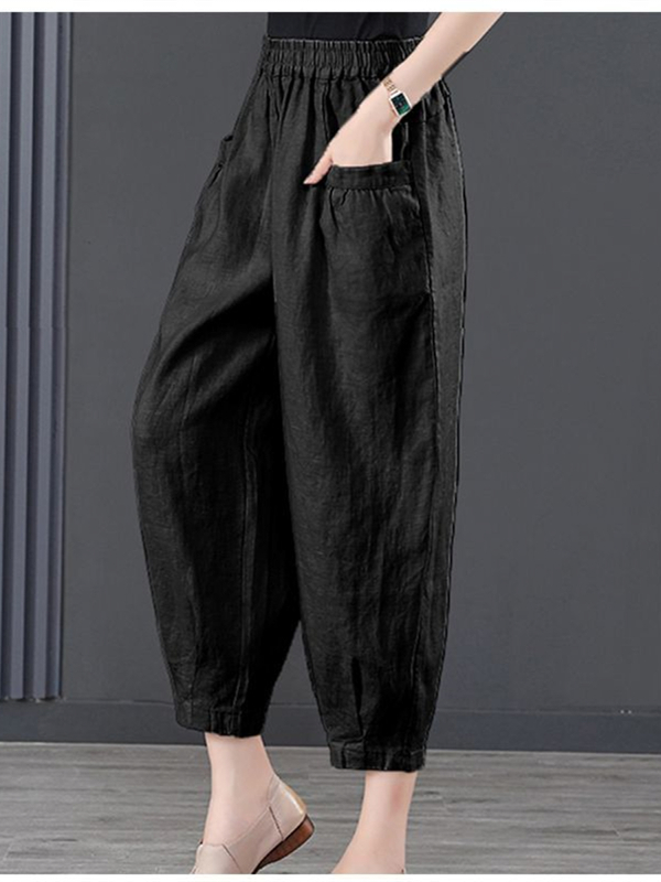 High Waist Cotton Linen Women's Pants Loose Trousers Summer 2025 Asymmetrical Commute Sle Nine Points Lantern Pants