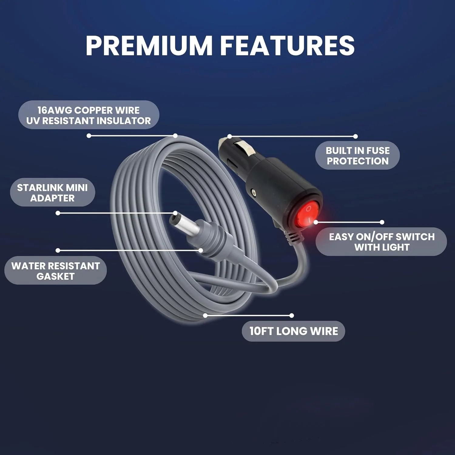 Cabo de alimentação dc 12-24v para starlink mini 16awg, cabo de carregamento de carro com interruptor indicador led contra surtos, fio elétrico plug & play