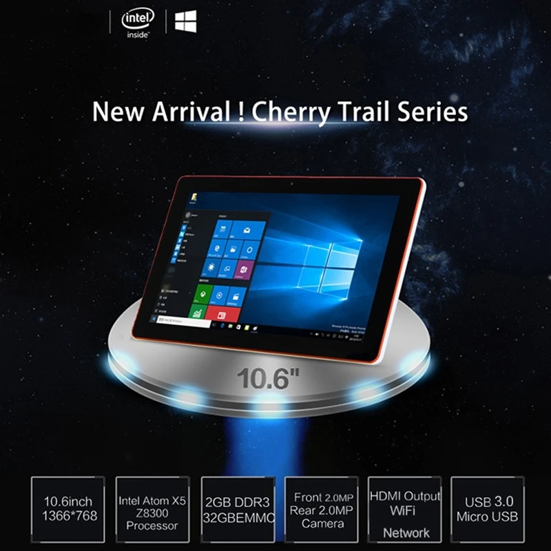 คุณภาพสูง 64Bits 10.6 นิ้ว Windows 10 แท็บเล็ต Z8300 Quad Core CPU 2GB RAM 32GB ROM 1366x768 IPS Dual กล้อง USB 3.0 6600mA