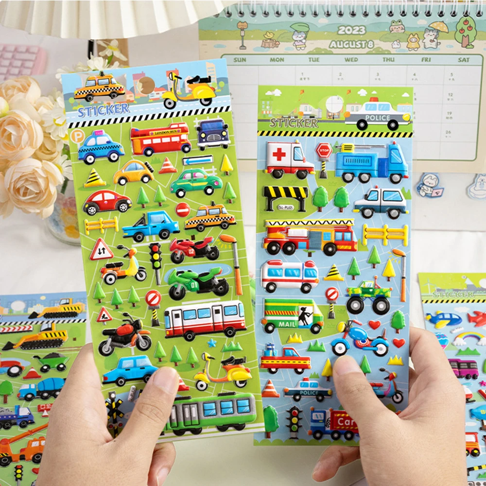 6 fogli adesivo bolla 3D auto camion dinosauri animali marini decalcomanie cartoni animati impermeabili decalcomanie educative divertenti per bambini giocattoli