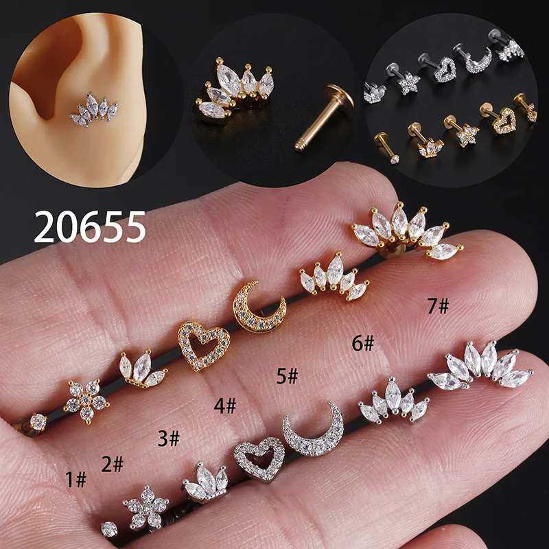 1 pieza de pendientes de cartílago con corona de flor y corazón de 1,2mm, circonita de acero inoxidable, Concha, Rook, Tragus, Labret, joyería para Piercing en la espalda