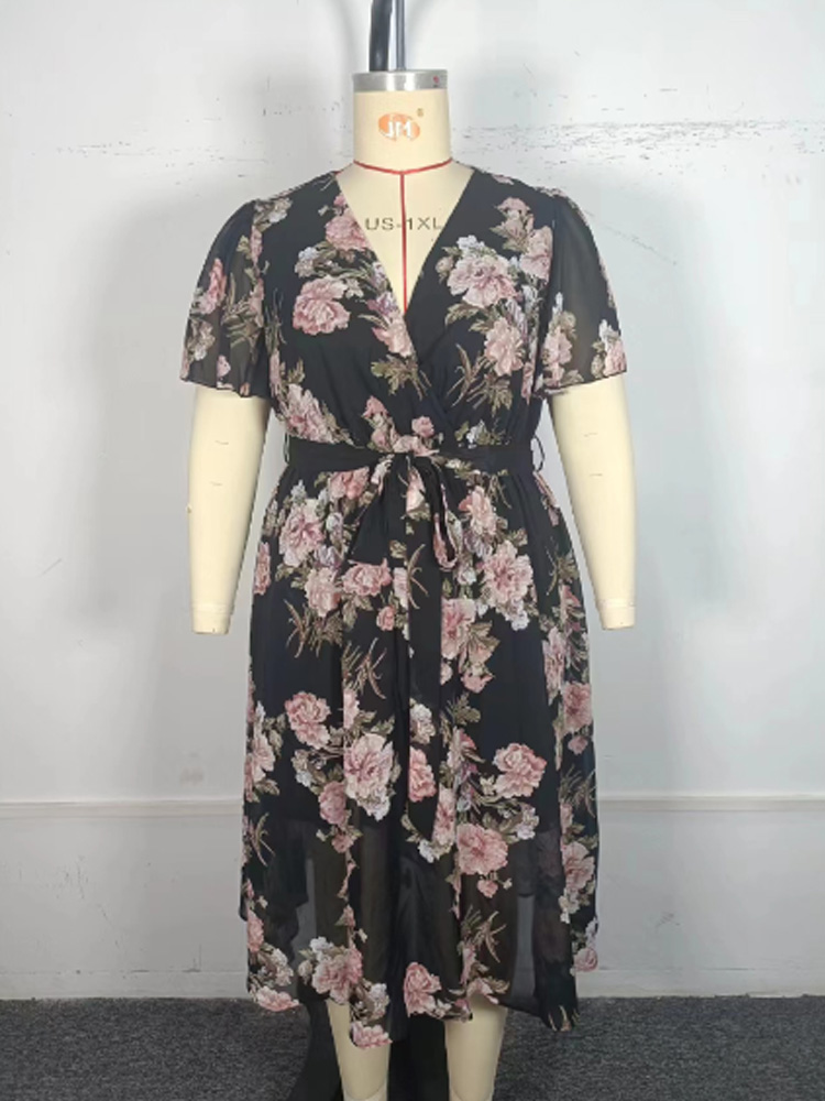 Gibsie Plus Size Surplice Hals Schmetterling Ärmel Gürtel Kleid Frauen Urlaub Blumen druck A-Linie Boho Sommer lange Kleider 2024 neu