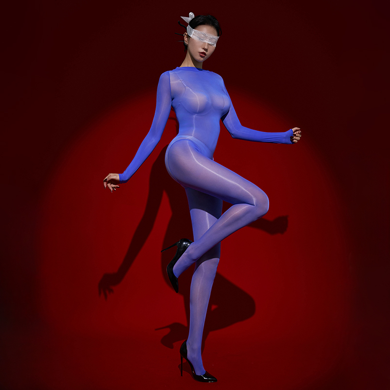 女性オイル光沢のある全身長袖光沢のあるジャンプスーツ女性 Bodystockings 超薄型透明オープンクロッチストッキングボディスーツ