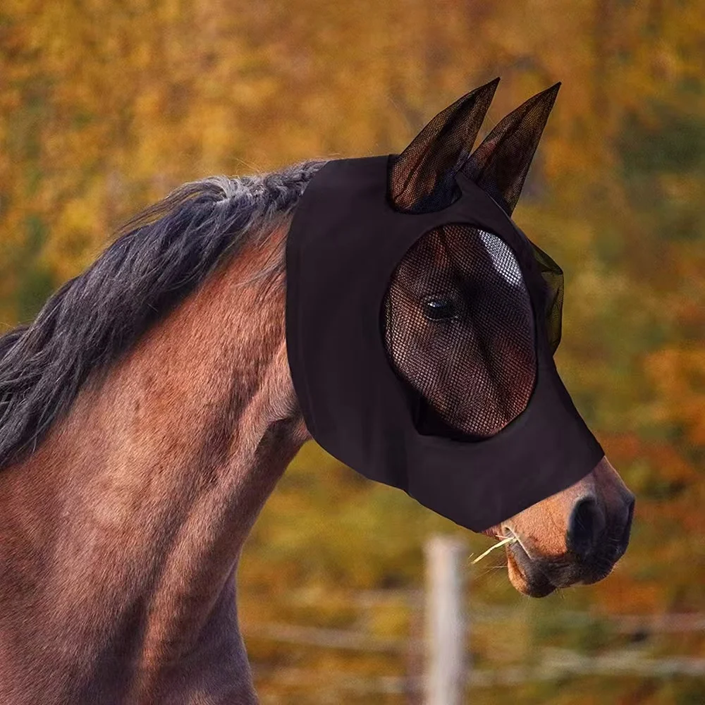 Máscara facial de cavalo respirável, máscara de mosca de cavalo de malha confortável com capas de orelha, suprimentos equestres