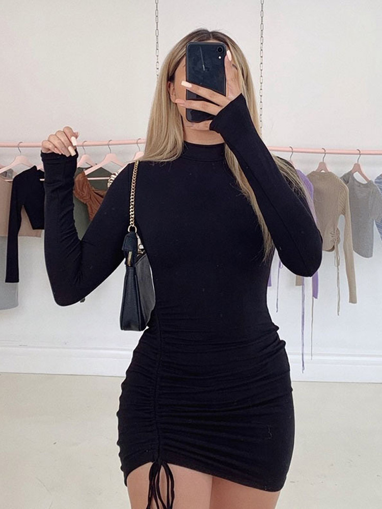 Langarm Geraffte, Figurbetontes Kleid Frauen Rollkragen Verband Mini Kleider Herbst Schwarz Dünne Stretchy Party Vestidos