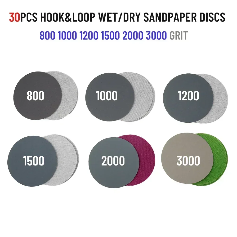 30pcs 3 Inches/75mm Sanding Discs Hook&Loop Wet/Dry 800 1000 1200 1500 2000 3000 Grit Polishing Fine Water Sandpaper