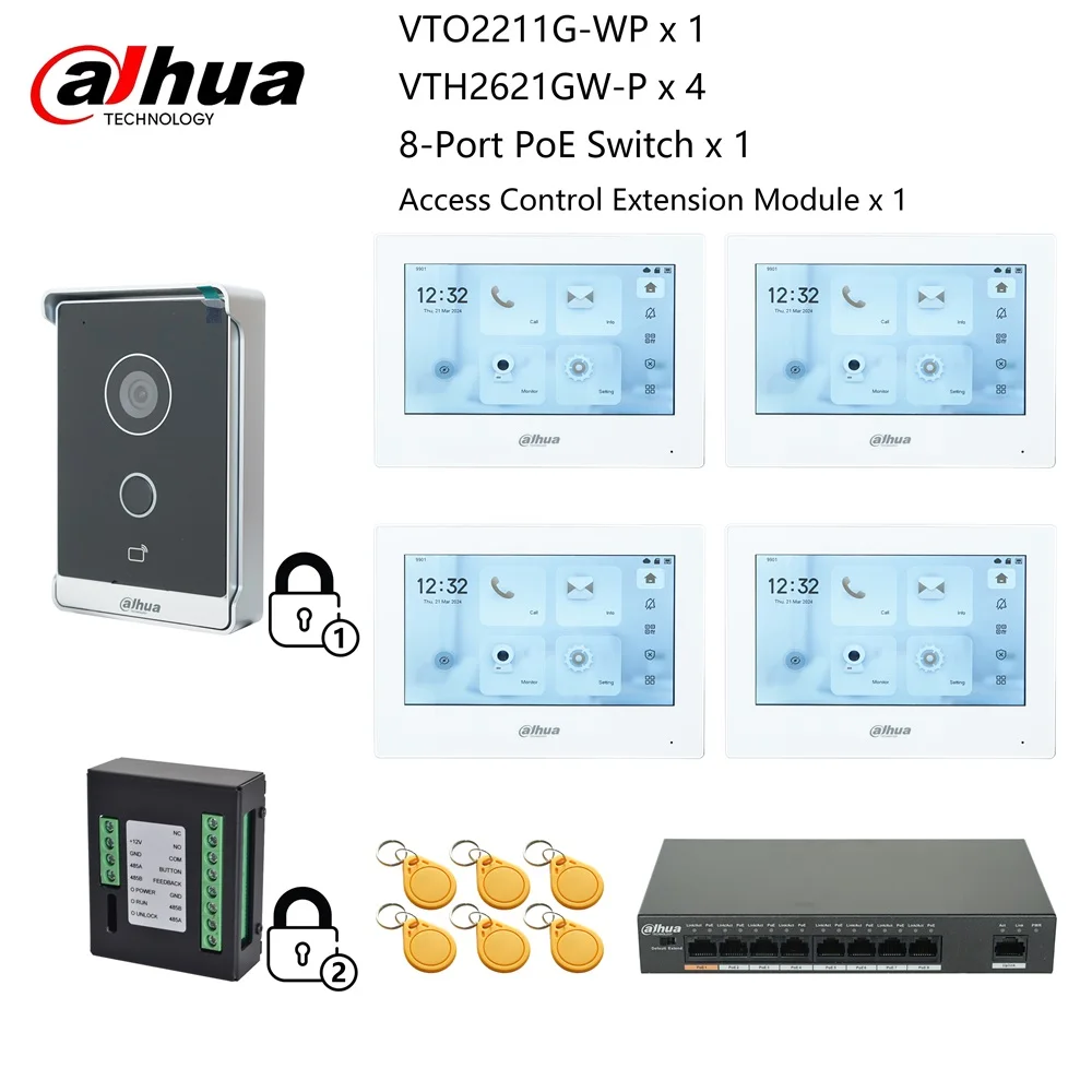 Dahua IP Video Intercom KIT controle 2 sloten, VTO2211G-WP & VTH2621G-P & PoE schakelaar, ondersteuning voor telefoon app, RFID-kaart ontgrendelen