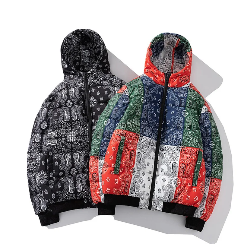 Winterjacke Herren Bandana Print Patchwork Baumwolle Gefütterter Mantel Dicke Warme Kapuze Varsity College University Oberbekleidung Neu 2024 Z1