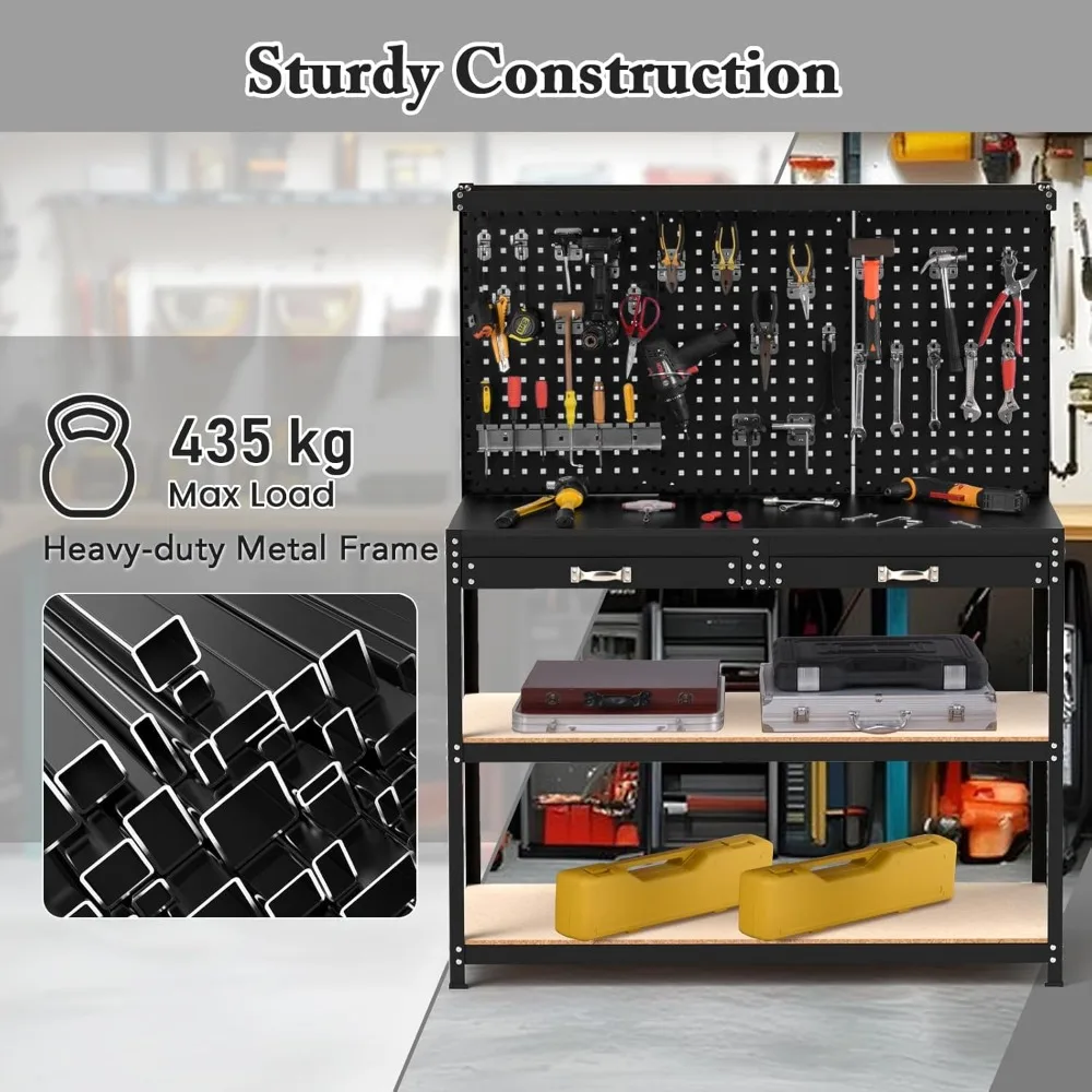 Workbench with Pegboards, with 4 Shelves Topping Space 2 Drawers 24 Hanging Accessories & Robust Metal Frame, Workbenches