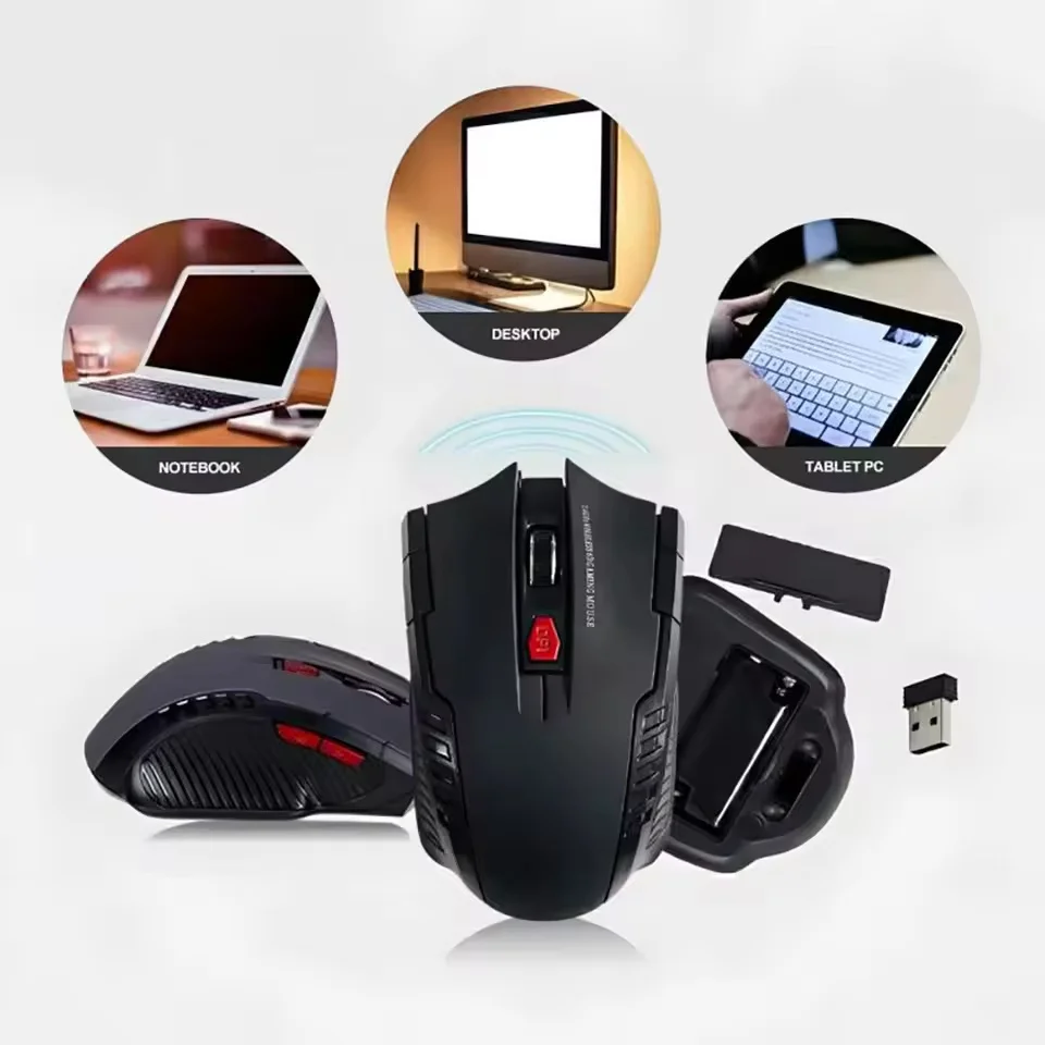 Mouse sem fio de 2,4 GHz ajustável DPI Mouse 6 botões Mouse óptico para jogos Gamer Ratos sem fio com receptor USB para computador PC