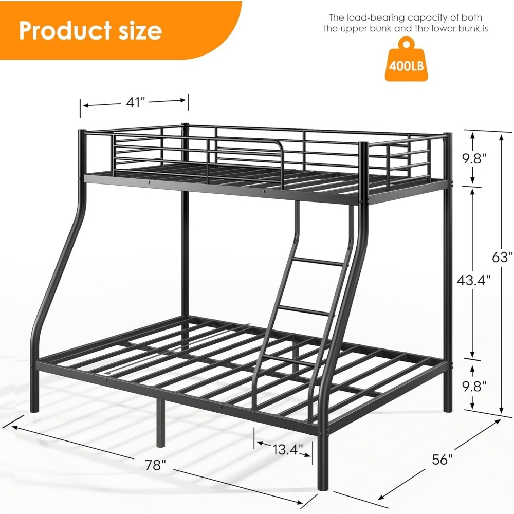 Metal Bunk Bed, Twin Over Full Size Bed Frame with Safety Ladder & Guardrail, Heavy Duty Bunkbeds for Adults Teens, Space-Saving