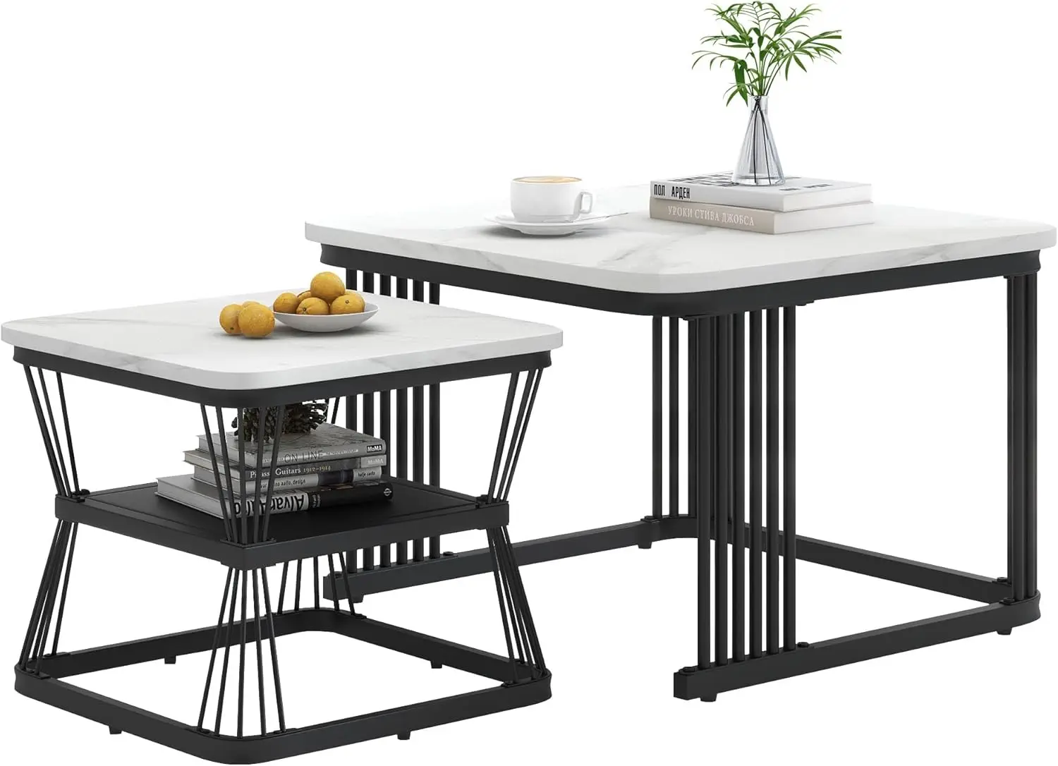 Merax Quadratisch Couchtisch 2er Set, Moderner Wohnzimmertisch mit Marmormuster, Matt Satztisch mit Storage,