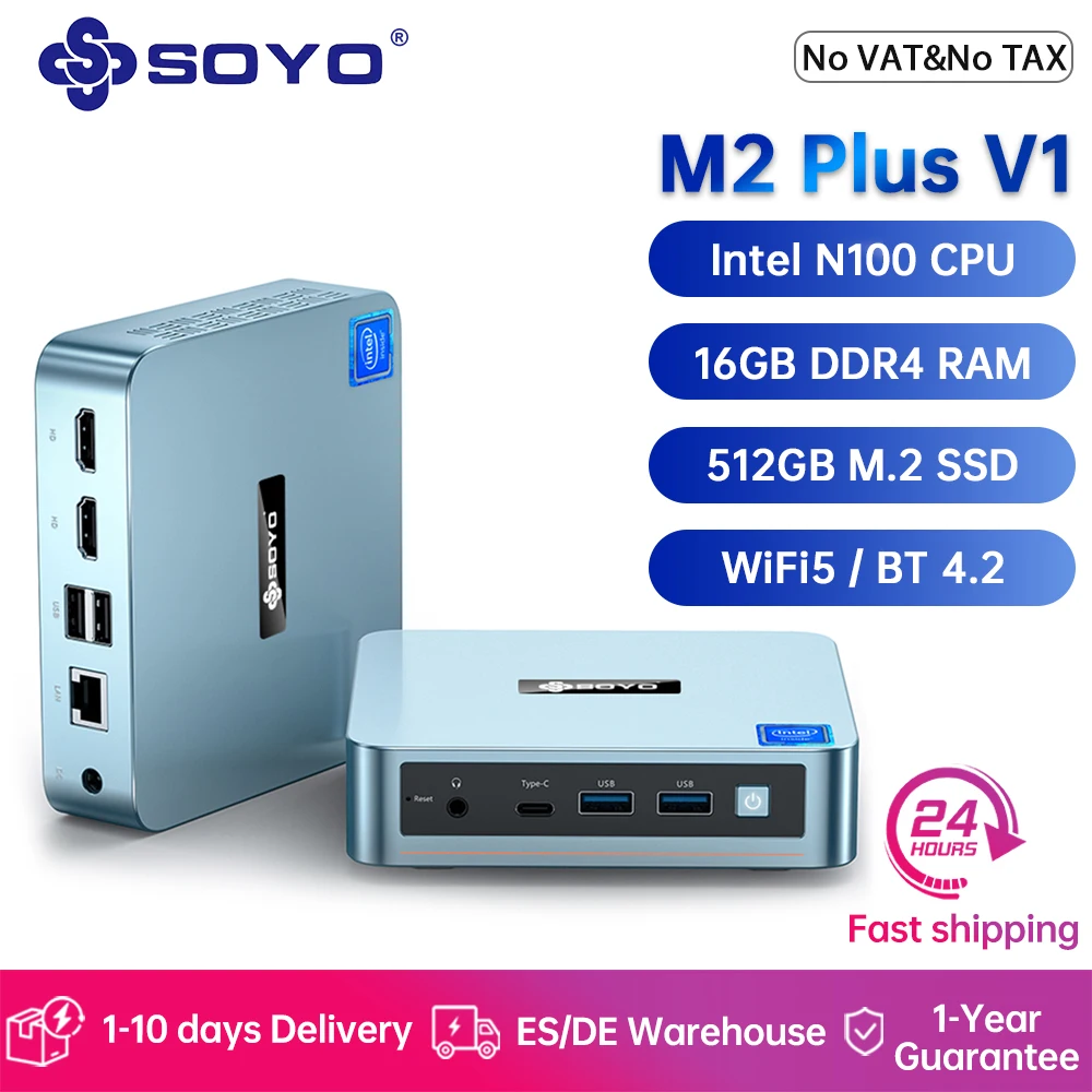 Mini PC SOYO M2 Plus V1 z procesorem Intel 12. generacji N100, Windows 11 Pro, 16 GB DDR4, 512 GB SSD, obsługa WiFi5, mini komputer stacjonarny.